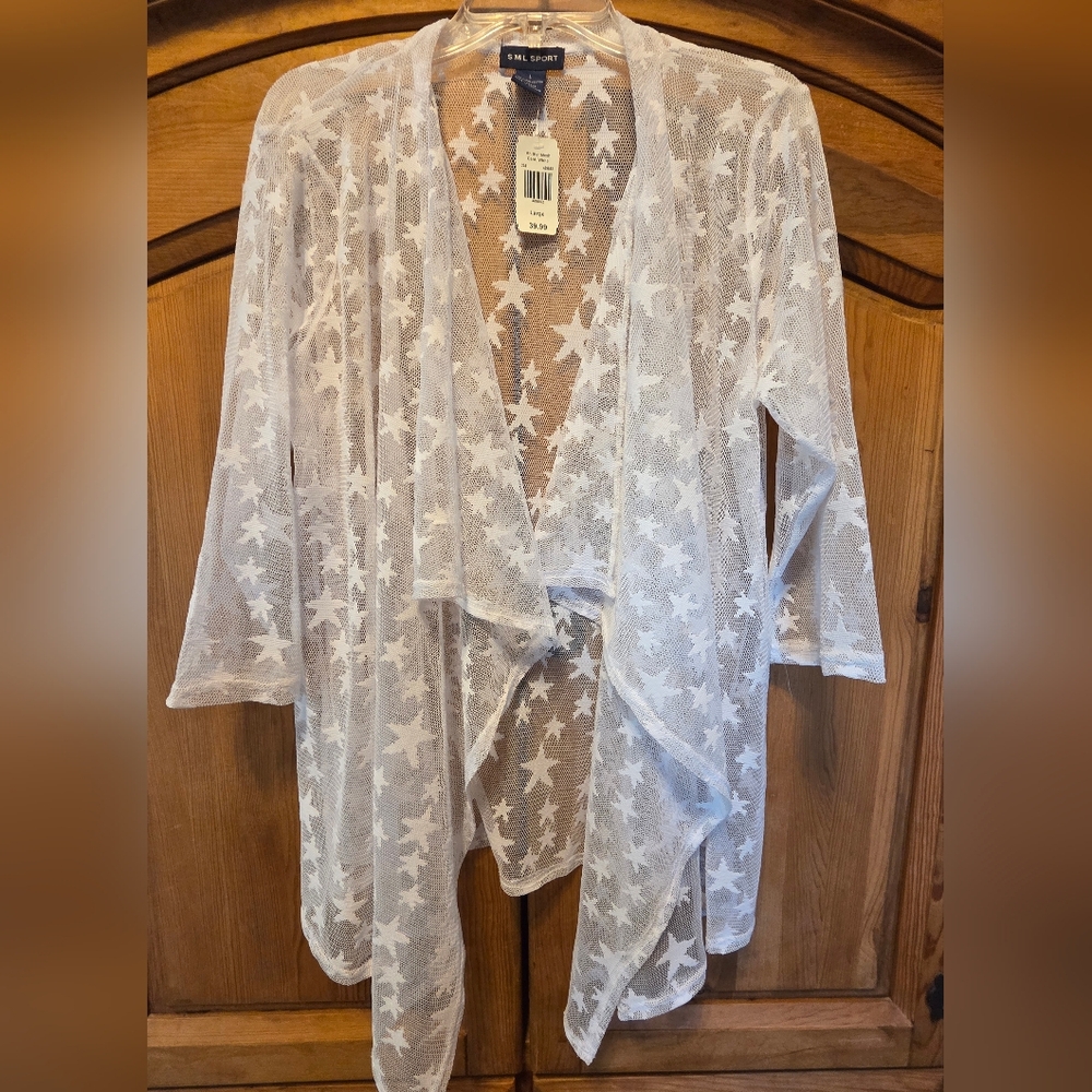 Women's Large White Beach Cover Up Ruana Shawl 3/4 Sleeve Mesh Stars NWT $40